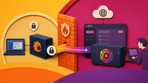 Editorial illustration showing public application behind a private network, outbound tunnel route, reverse-proxy dashboard, firewall boundary and exposed ports.