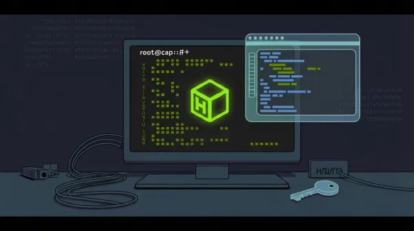 HackTheBox Cap walkthrough — terminal with root shell, packet capture window, and key on dark desk