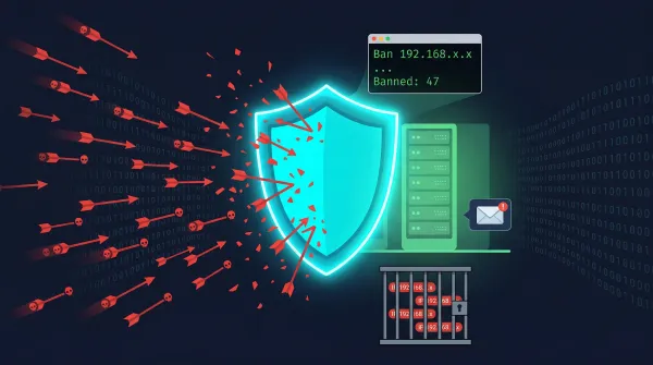 Glowing shield deflecting brute-force attack arrows with banned IPs in a jail cell — Fail2Ban setup guide