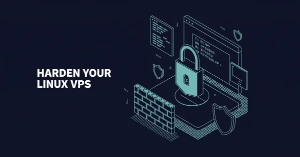 Flat illustration of a glowing hexagonal padlock in front of a brick firewall and terminal window with SSH commands, representing Linux VPS hardening