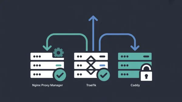 Comparison of Nginx Proxy Manager, Traefik, and Caddy reverse proxies with server icons and routing arrows