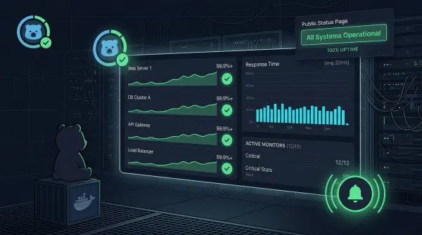 Uptime Kuma monitoring dashboard with uptime graphs, status indicators, and alert bell in dark server room