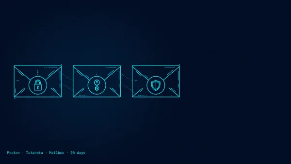 Three cyan envelopes side-by-side, each sealed with a lock, key, and shield glyph — representing Proton Mail, Tutanota, and Mailbox.org compared.