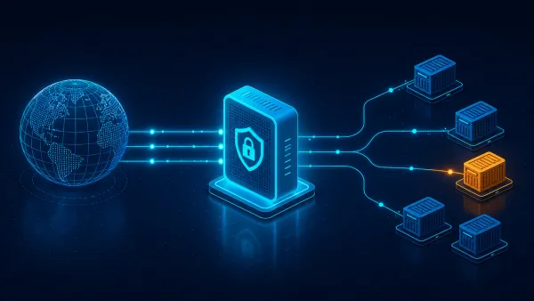 A cyan reverse-proxy hub routing encrypted traffic to self-hosted app nodes on a deep-navy panel — setting up Nginx Proxy Manager with Docker.